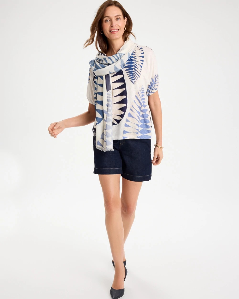 Chico's Leaf Print Linen Ruched V-Neck Tee