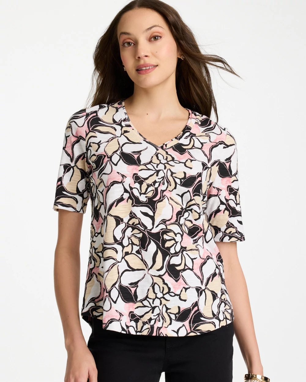 Chico's Printed Cotton Slub V-Neck Tee