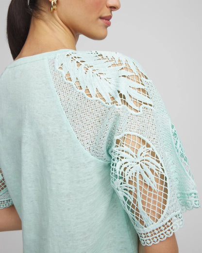 Chico's Linen Crochet Lace Short Sleeve Tee