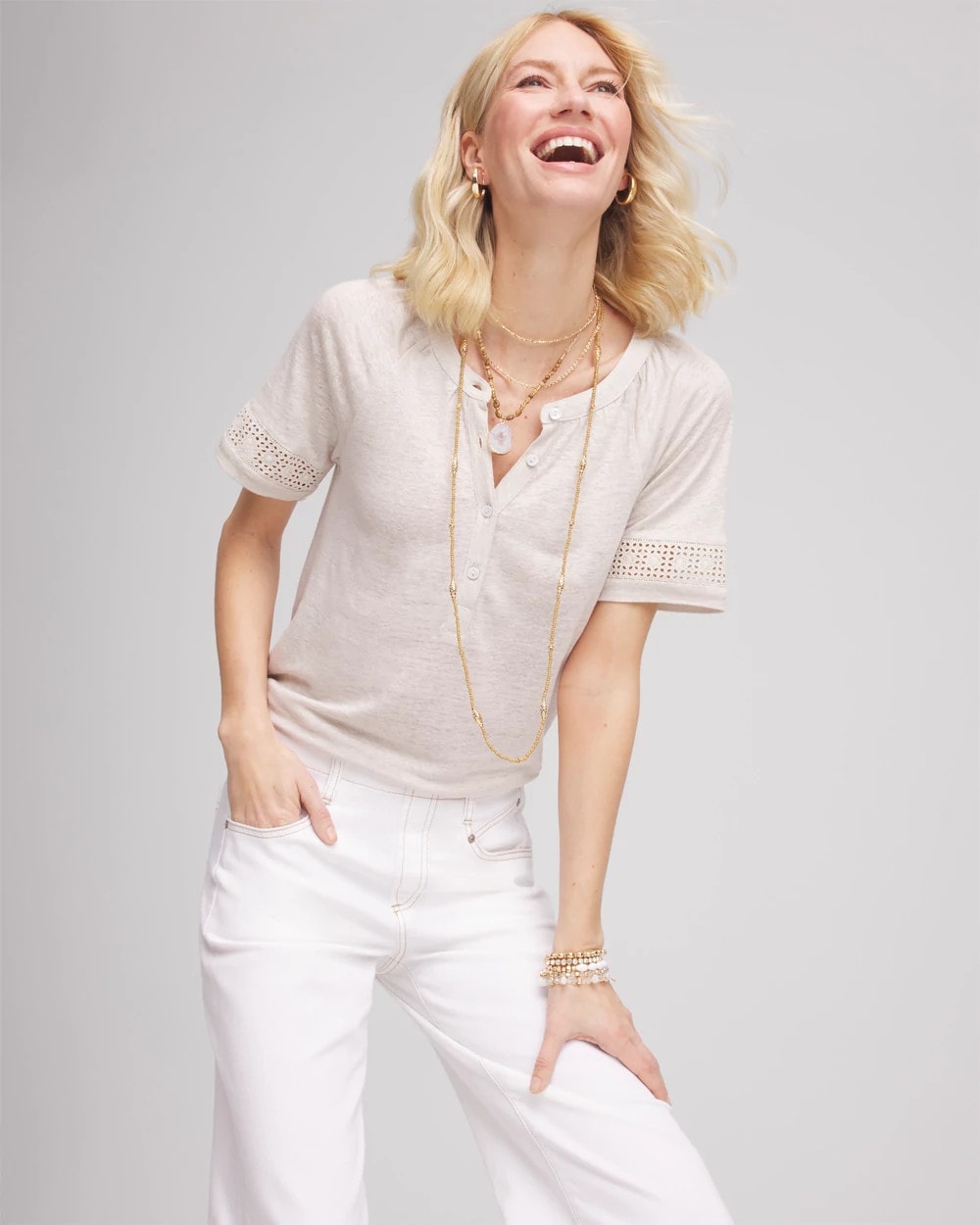Chico's Linen Lace-Cutwork Sleeve Henley Tee