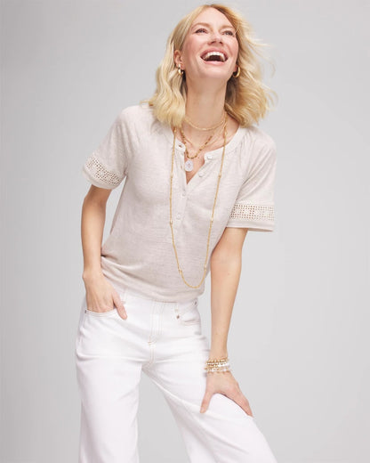 Chico's Linen Lace-Cutwork Sleeve Henley Tee