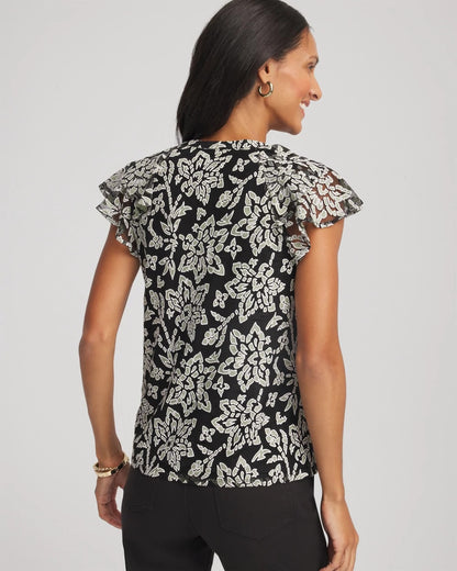 Chico's Lace Floral-Burnout Henley Tee