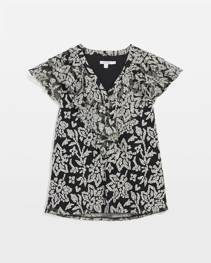 Chico's Lace Floral-Burnout Henley Tee