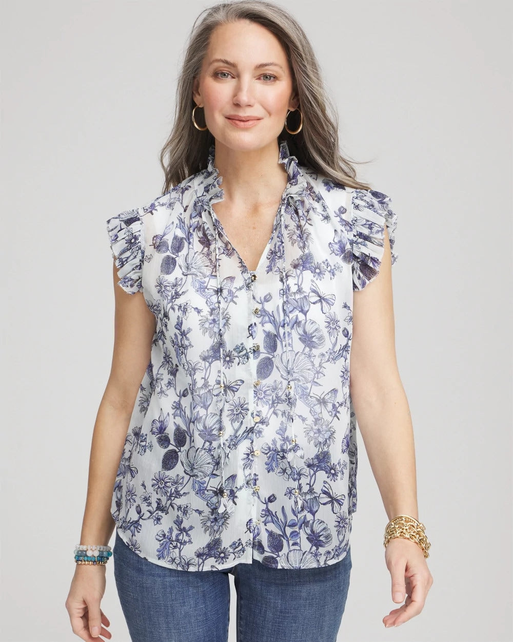 Chico's Butterfly Ruffle Collar Blouse