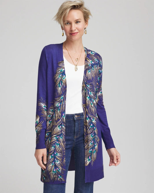 Chico's Ella Peacock-Print Cardigan Sweater