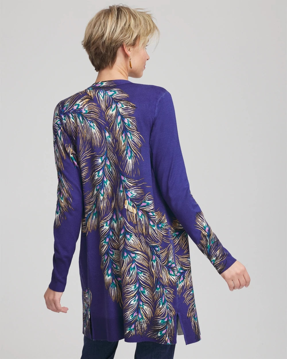 Chico's Ella Peacock-Print Cardigan Sweater