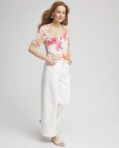 Chico's Floral Print Crochet-Trim Pullover Sweater